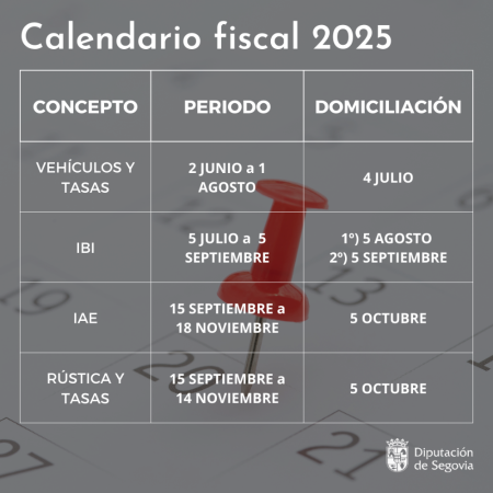 Imagen La Diputación de Segovia publica el Calendario Fiscal correspondiente al año 2025